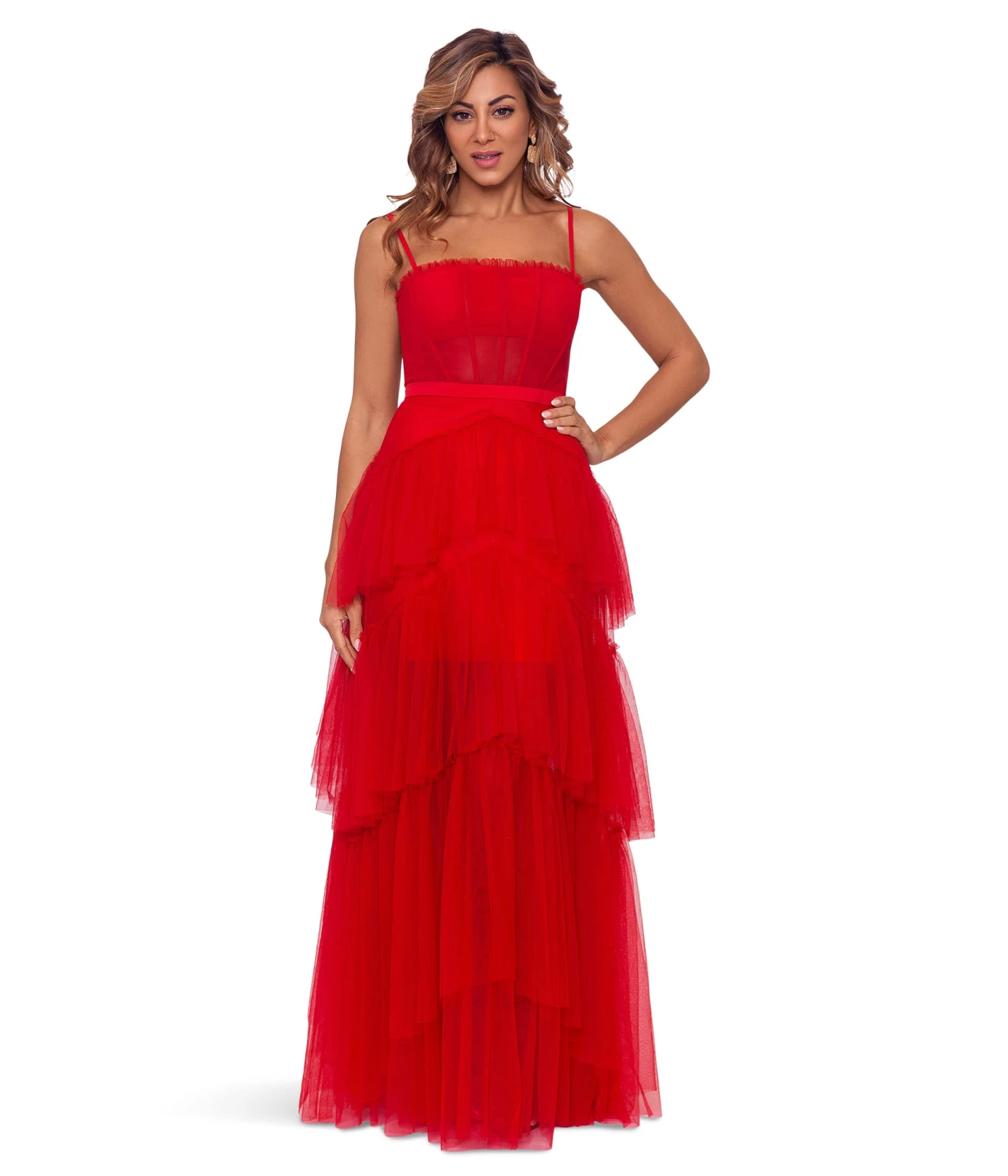 Betsy & Adam Long Corset Tiered Mesh Illusion Gown 1 Betsy & Adam Long Corset Tiered Mesh Illusion Gown