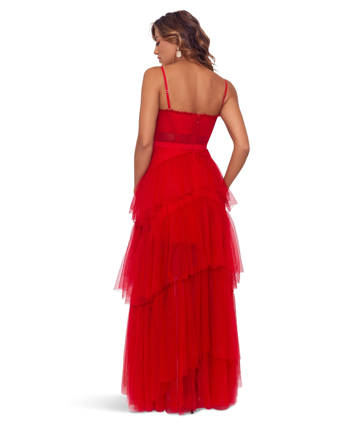 Betsy & Adam Long Corset Tiered Mesh Illusion Gown 3 Betsy & Adam Long Corset Tiered Mesh Illusion Gown - Image 3
