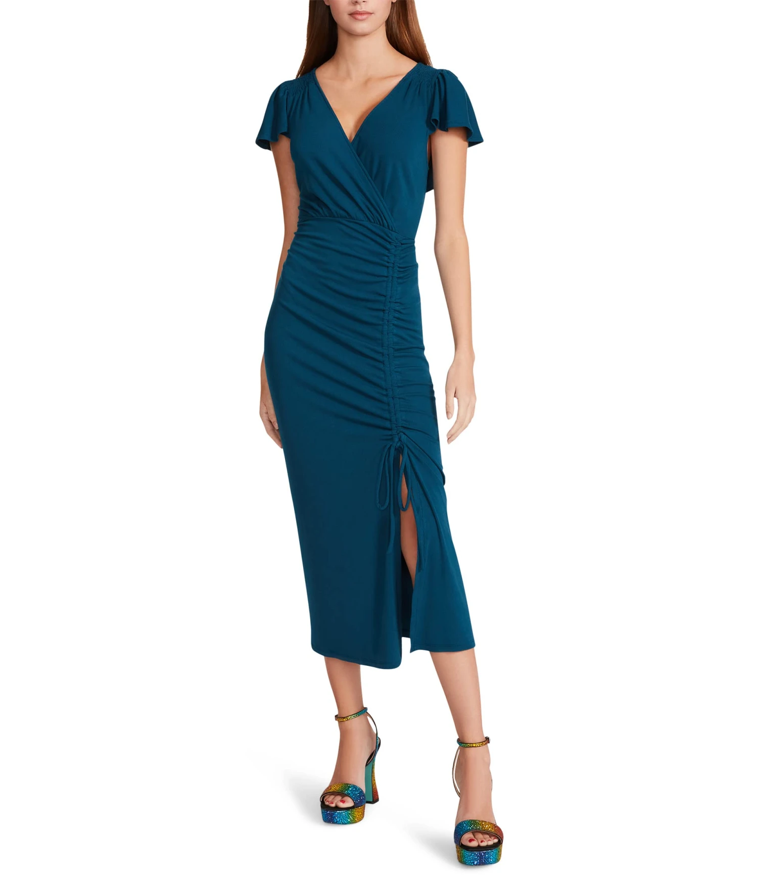 Betsey Johnson Mini Rib Flutter Sleeve Midi With Ruched Slit 1 Betsey Johnson Mini Rib Flutter Sleeve Midi With Ruched Slit