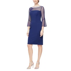 Alex Evenings Short Shift Dress With Beaded Illusion Neckline And Bell Sleeves