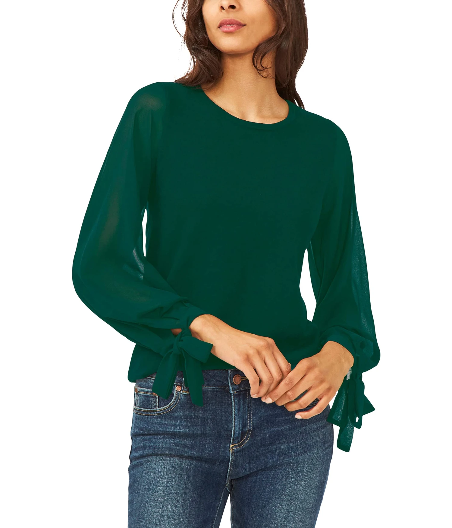 CeCe Long Sleeve Mix Media Sweater W/ Chiffon Sleeve 1 CeCe Long Sleeve Mix Media Sweater W/ Chiffon Sleeve
