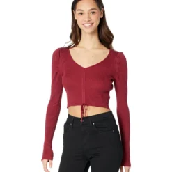 Madden Girl Long Sleeve V-Neck Puff Shoulder Top With Ruching