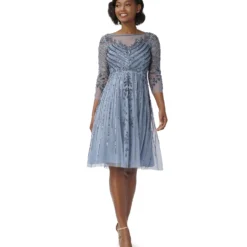 Adrianna Papell Long Sleeve Beaded Fit-and-Flare Cocktail Dress