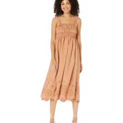MOON RIVER Midi Dress With Embroidery Eyelet Detail