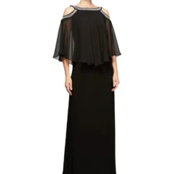 Alex Evenings Long Chiffon Cold-Shoulder Popover Dress